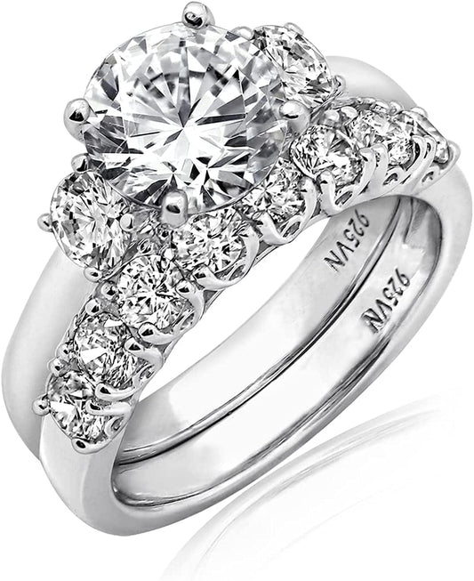 Collection Platinum-Plated Sterling Silver Infinite Elements Zirconia Round-Cut Three-Stone Ring Set 8