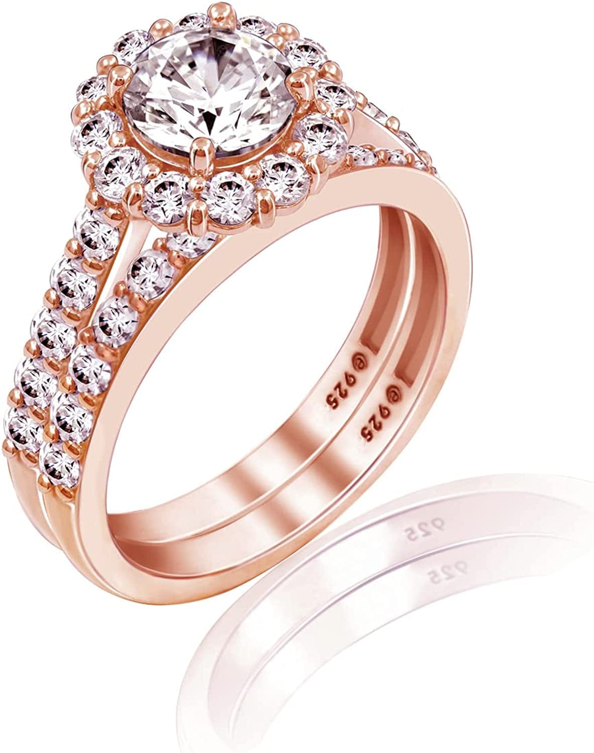 Collection Platinum, Yellow Gold or Rose Gold Plated Sterling Silver Infinite Elements Cubic Zirconia Flower Halo Ring Rose Gold-Plated / 8
