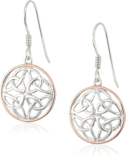 Collection Sterling Silver Celtic Knot round Drop Wire Earrings Two-Tone Silver & Rose Gold Plated