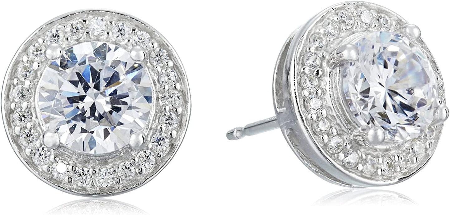 Collection Sterling Silver Cubic Zirconia Halo Pendant Necklace and Stud Earrings Jewelry Set