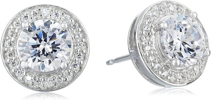 Collection Sterling Silver Cubic Zirconia Halo Pendant Necklace and Stud Earrings Jewelry Set