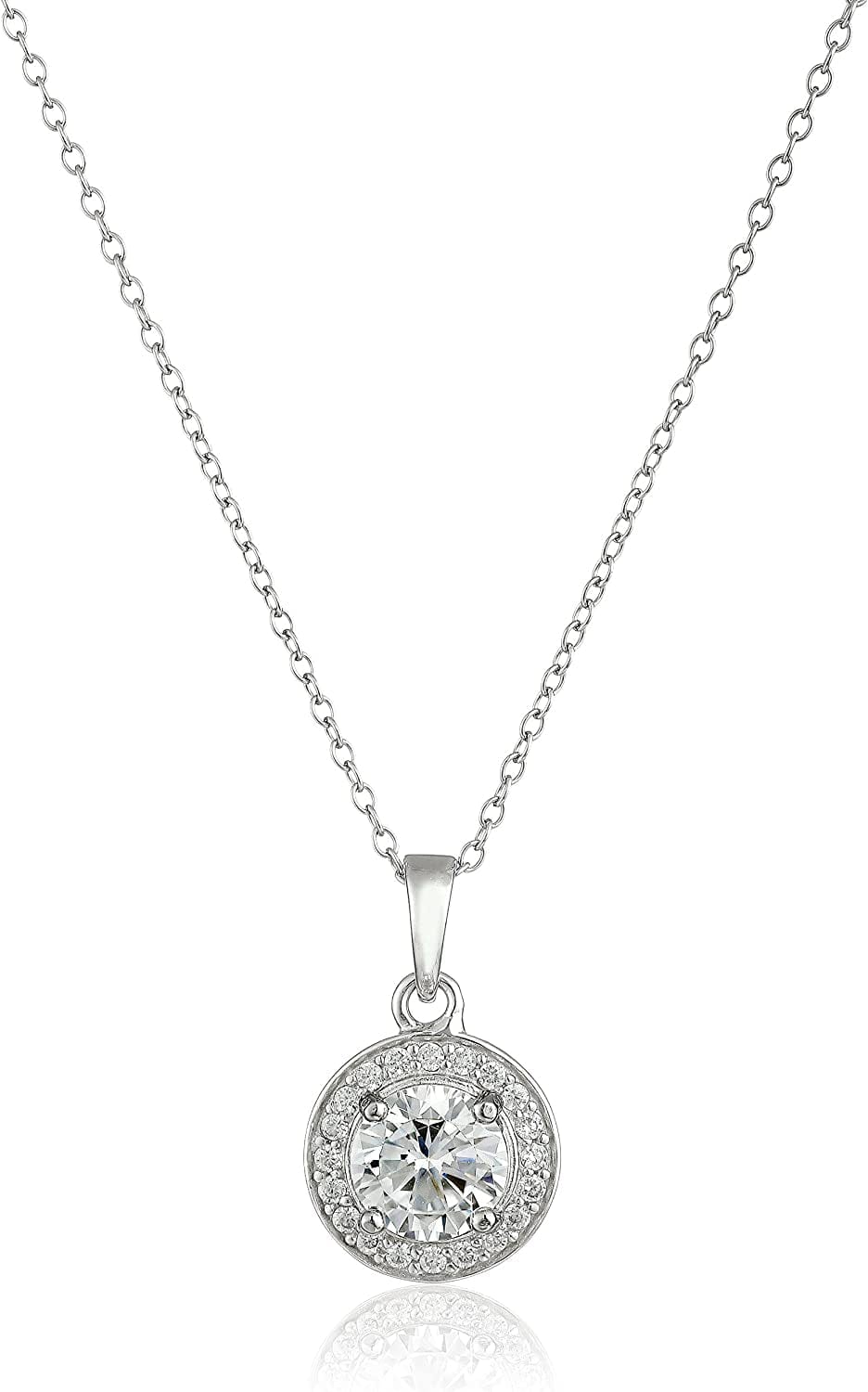 Collection Sterling Silver Cubic Zirconia Halo Pendant Necklace and Stud Earrings Jewelry Set