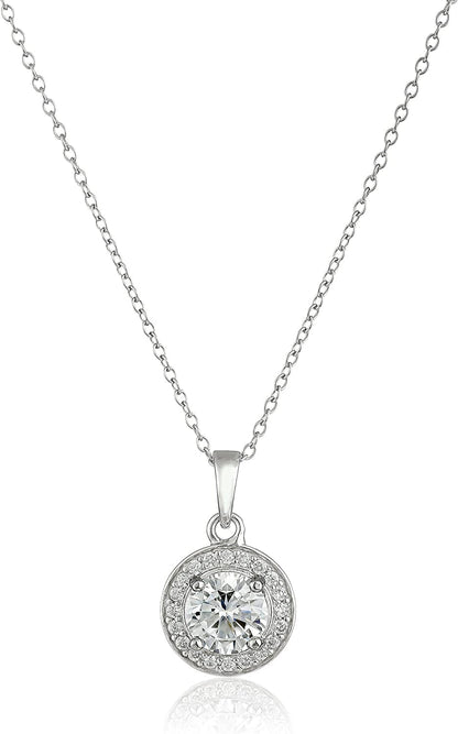 Collection Sterling Silver Cubic Zirconia Halo Pendant Necklace and Stud Earrings Jewelry Set