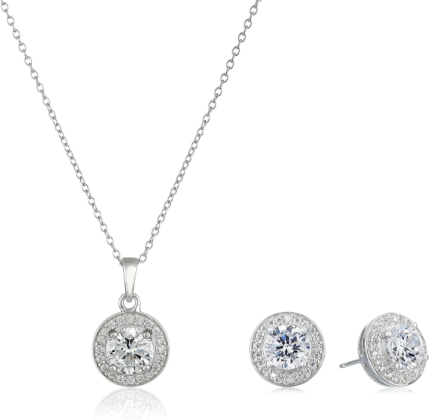 Collection Sterling Silver Cubic Zirconia Halo Pendant Necklace and Stud Earrings Jewelry Set