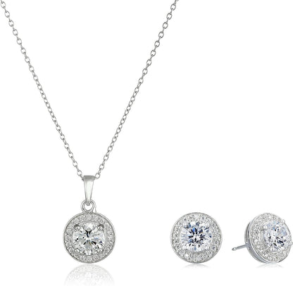 Collection Sterling Silver Cubic Zirconia Halo Pendant Necklace and Stud Earrings Jewelry Set