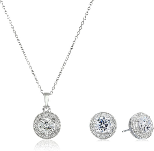 Collection Sterling Silver Cubic Zirconia Halo Pendant Necklace and Stud Earrings Jewelry Set