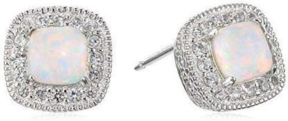 Collection Sterling Silver Cushion Cut Birthstone and Created White Sapphire Halo Stud Earrings Created Opal