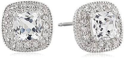 Collection Sterling Silver Cushion Cut Birthstone and Created White Sapphire Halo Stud Earrings Created White Sapphire