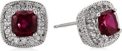Collection Sterling Silver Cushion Cut Birthstone and Created White Sapphire Halo Stud Earrings Created Ruby