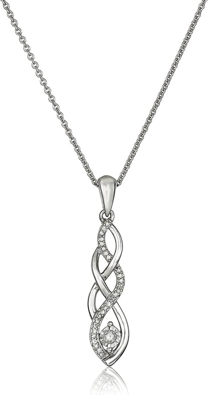 Collection Sterling Silver Diamond Twist Pendant Necklace and Earrings Box Set (1/5 Cttw), 18"