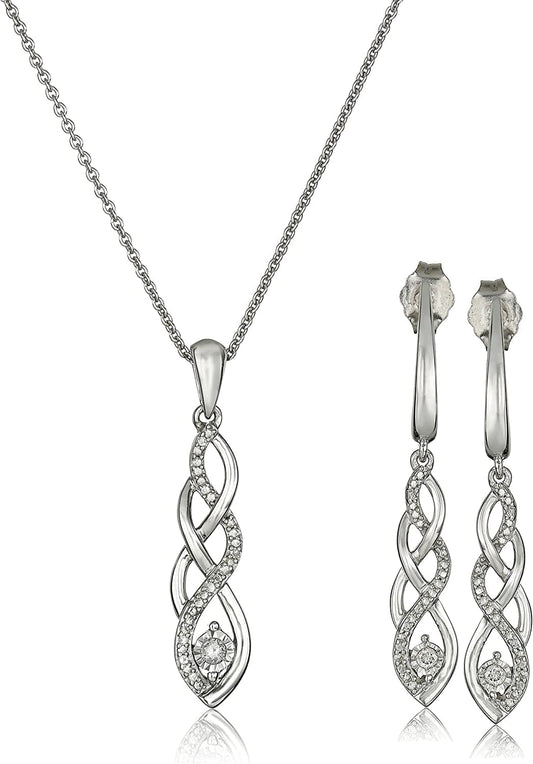 Collection Sterling Silver Diamond Twist Pendant Necklace and Earrings Box Set (1/5 Cttw), 18"