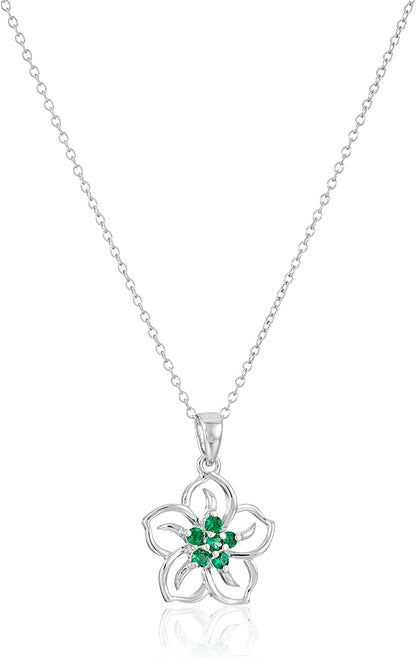 Collection Sterling Silver Gemstone Flower Pendant Necklace created-emerald;