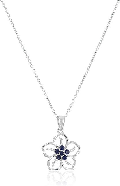 Collection Sterling Silver Gemstone Flower Pendant Necklace created-blue-sapphire