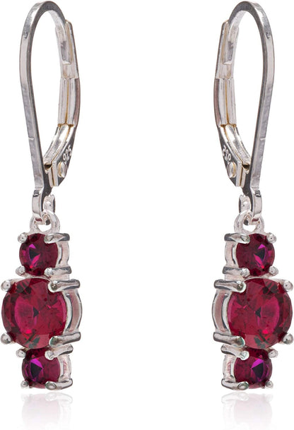 Collection Sterling Silver Genuine and Created Gemstone Three Stone Birthstone Leverback Dangle Earrings Created Ruby