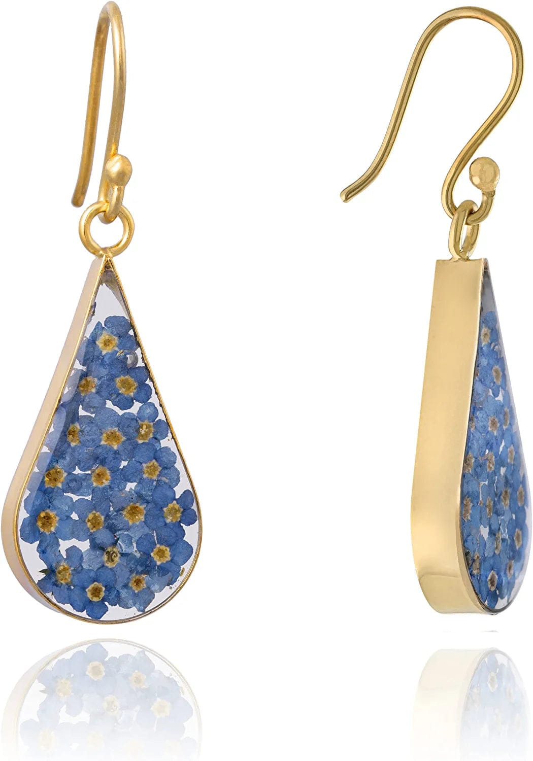 Collection Sterling Silver Pressed Flower Teardrop Earrings Blue/Yellow Gold, Flower