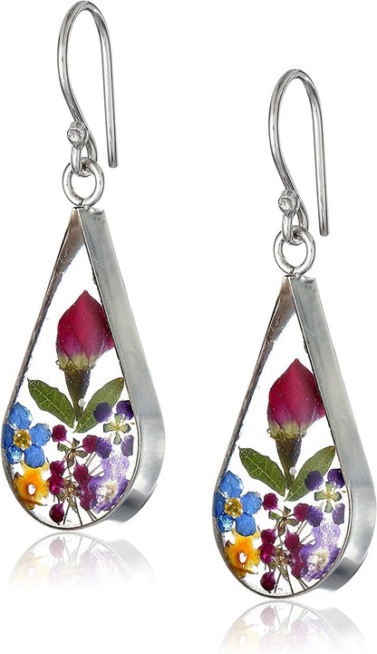 Collection Sterling Silver Pressed Flower Teardrop Earrings Multicolor/Yellow Gold, Flower