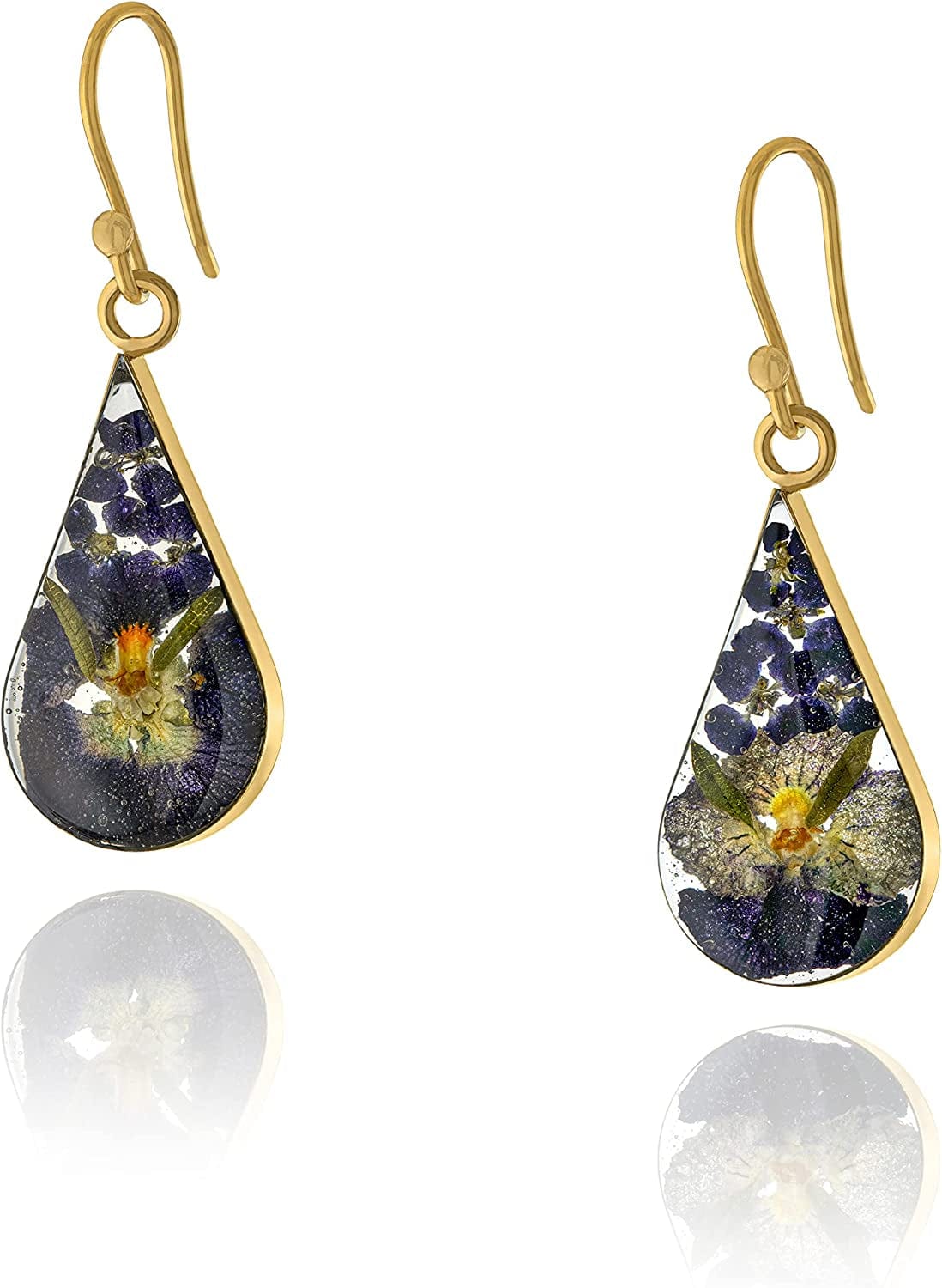 Collection Sterling Silver Pressed Flower Teardrop Earrings Purple/Yellow Gold, Flower