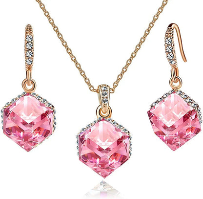 Colorful Cubic Austrian Crystal Pendant Necklace Earrings for Women 14K Gold Plated Hypoallergenic Jewelry Set Pink Crystal /Rose Gold-tone