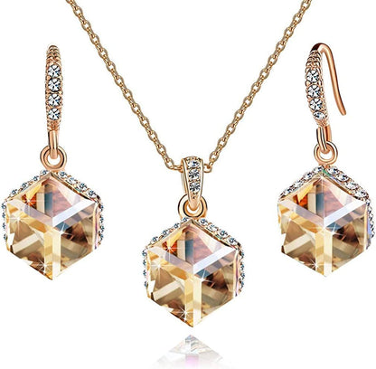 Colorful Cubic Austrian Crystal Pendant Necklace Earrings for Women 14K Gold Plated Hypoallergenic Jewelry Set Light Topaz /Rose Gold-tone