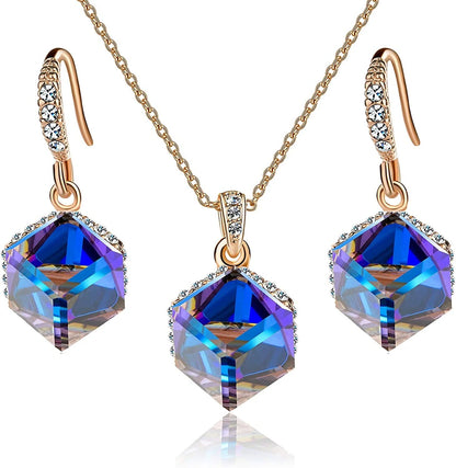 Colorful Cubic Austrian Crystal Pendant Necklace Earrings for Women 14K Gold Plated Hypoallergenic Jewelry Set Blue Crystal /Rose Gold-tone
