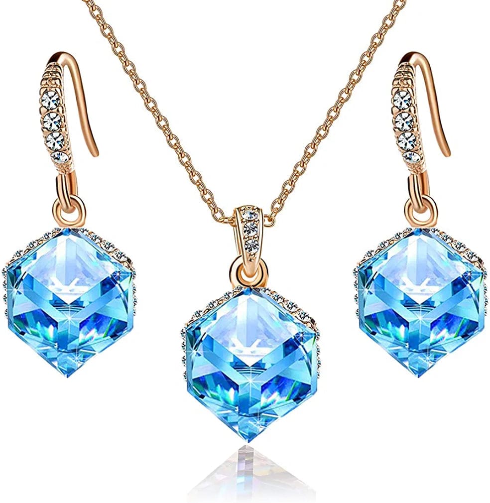 Colorful Cubic Austrian Crystal Pendant Necklace Earrings for Women 14K Gold Plated Hypoallergenic Jewelry Set Aquamarine Crystal /Rose Gold-tone