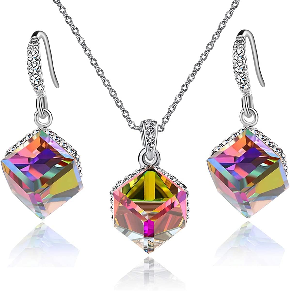 Colorful Cubic Austrian Crystal Pendant Necklace Earrings for Women 14K Gold Plated Hypoallergenic Jewelry Set Rainbow Crystal/Silver-tone