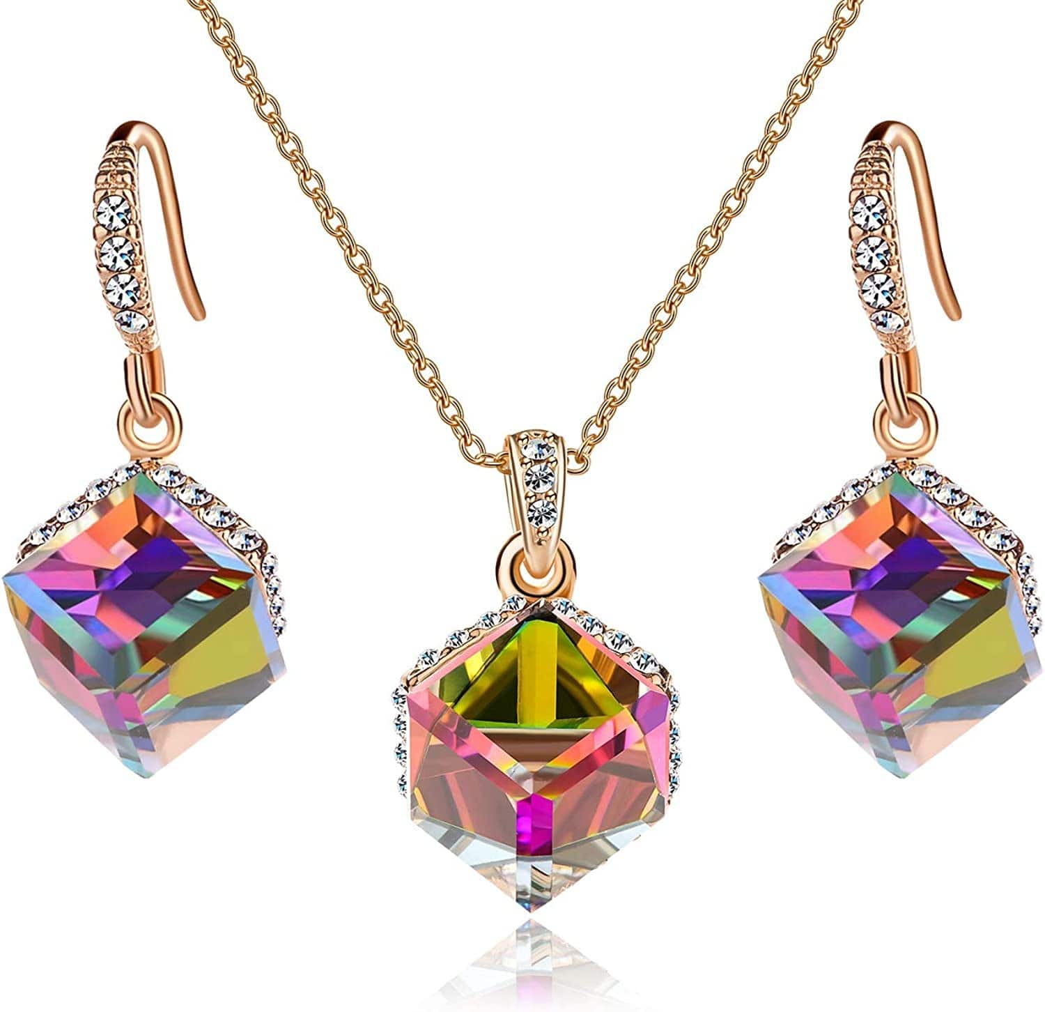 Colorful Cubic Austrian Crystal Pendant Necklace Earrings for Women 14K Gold Plated Hypoallergenic Jewelry Set Rainbow Crystal /Rose Gold-tone