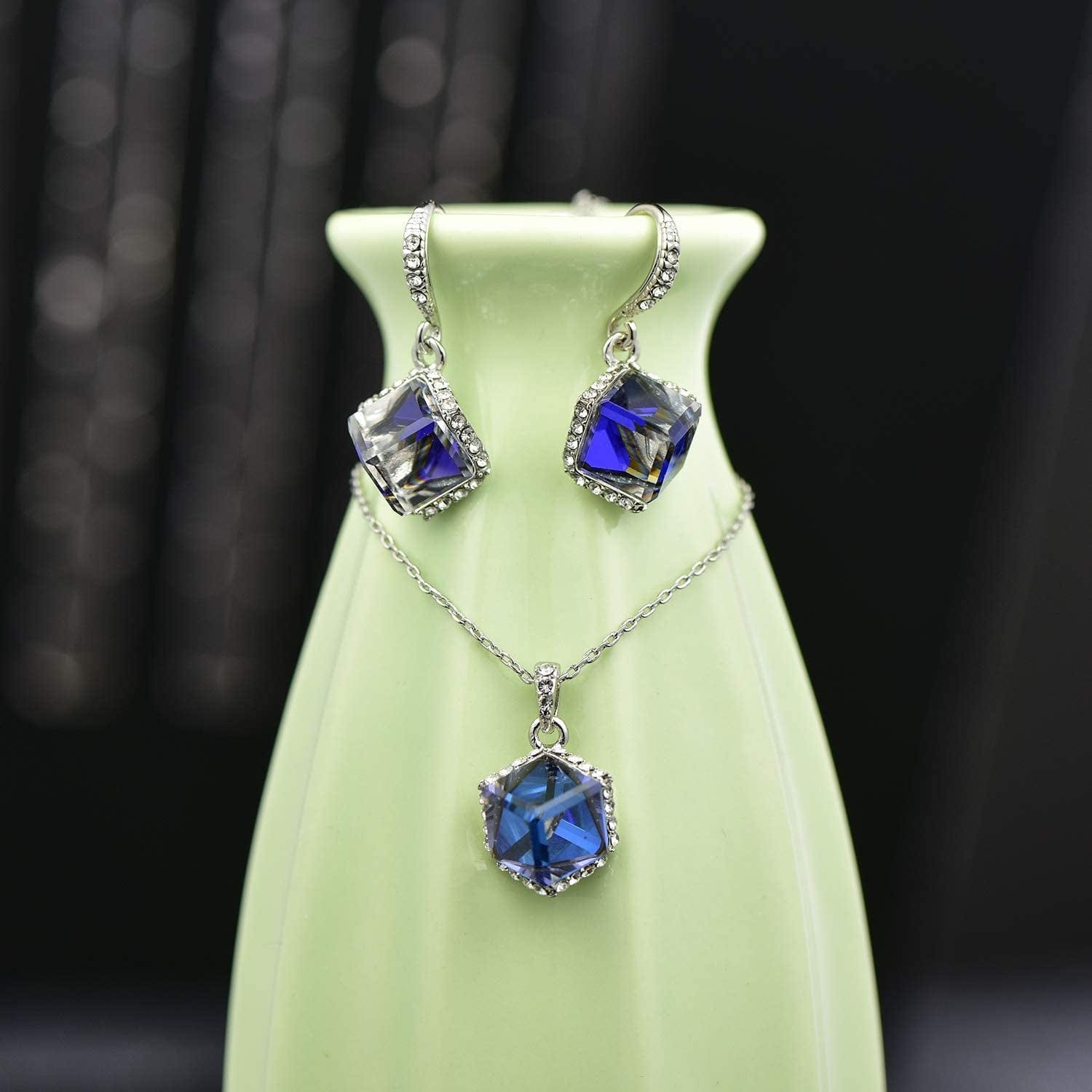 Colorful Cubic Austrian Crystal Pendant Necklace Earrings for Women 14K Gold Plated Hypoallergenic Jewelry Set