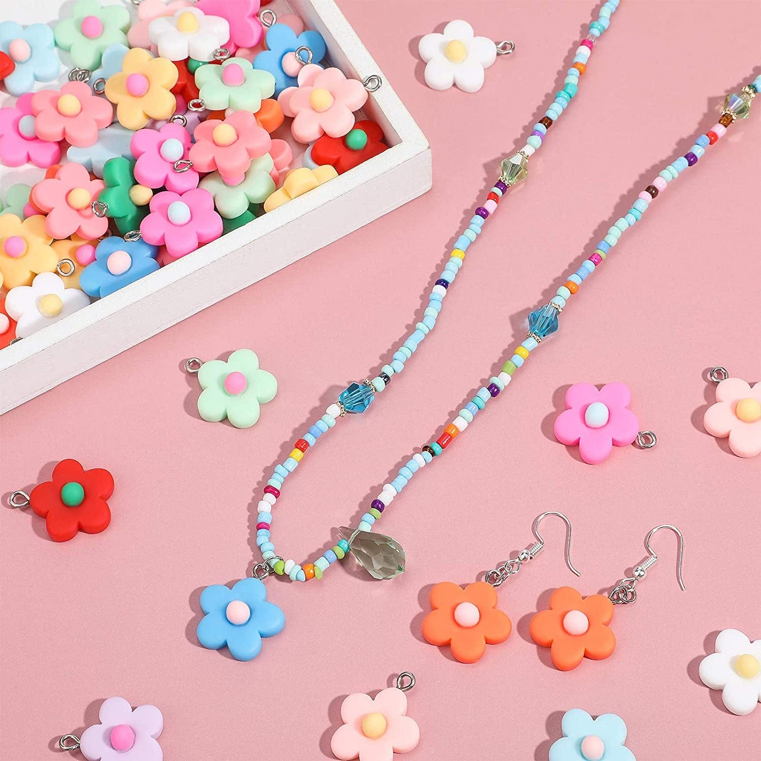 Colorful Flower Pendant Charms Resin Flower Charms for Jewelry Making Necklace Bracelet Earring DIY Jewelry Accessories Charms (96 Pieces)