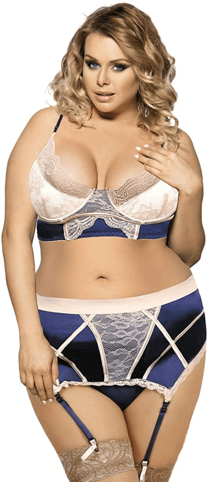 Comeondear plus Size Lingerie Set for Women Two Piece Overlay Bra with High Waist Garter Belt Underwear