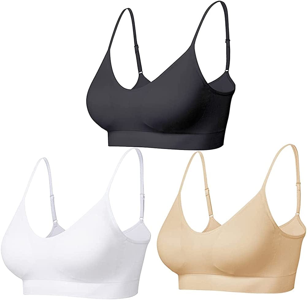 Comfyin Padded Bralette for Women Straps Sleep Bras Seamless Yoga Bras 3 Pack Black*beige*white / Small