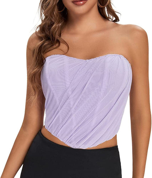 Corset Tops, Vintage Mesh Bustier Strapless Open Back Boned Crop Top Bodyshaper 5-purple / Medium