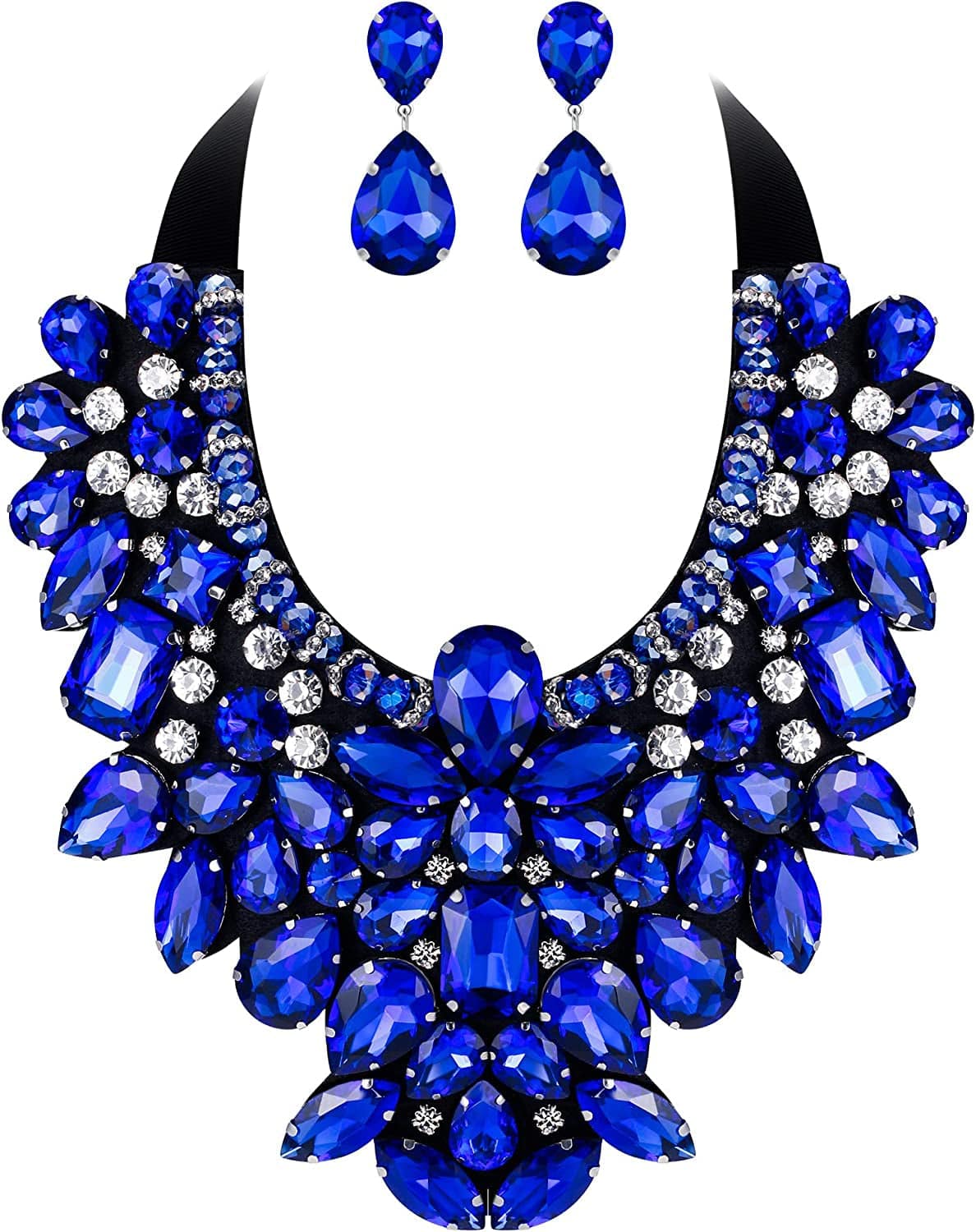 Costume Jewelry for Women, 9 Colors Rhinestone Crystal Statement Necklace Earrings Set Blue