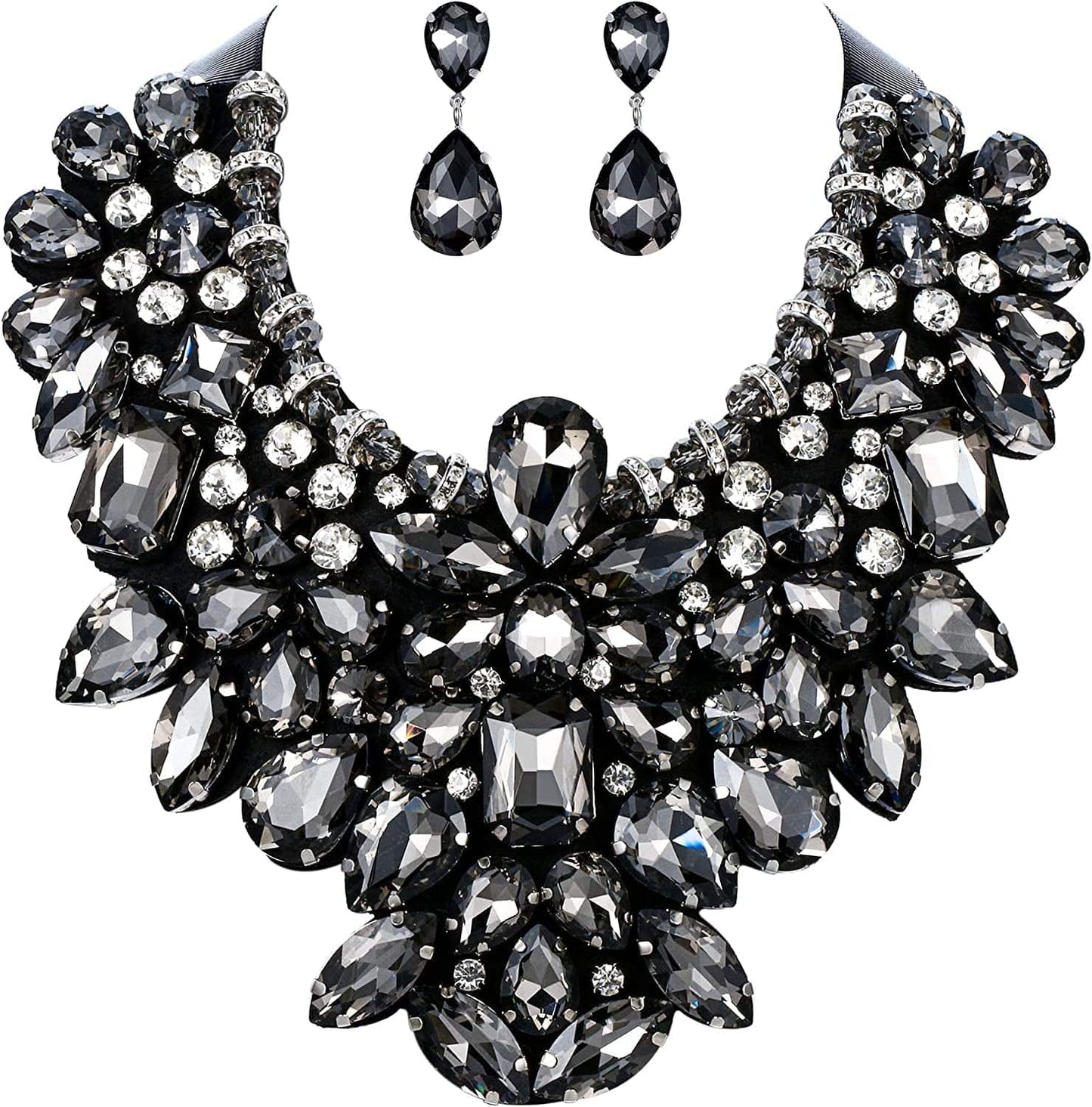 Costume Jewelry for Women, 9 Colors Rhinestone Crystal Statement Necklace Earrings Set Dark Black