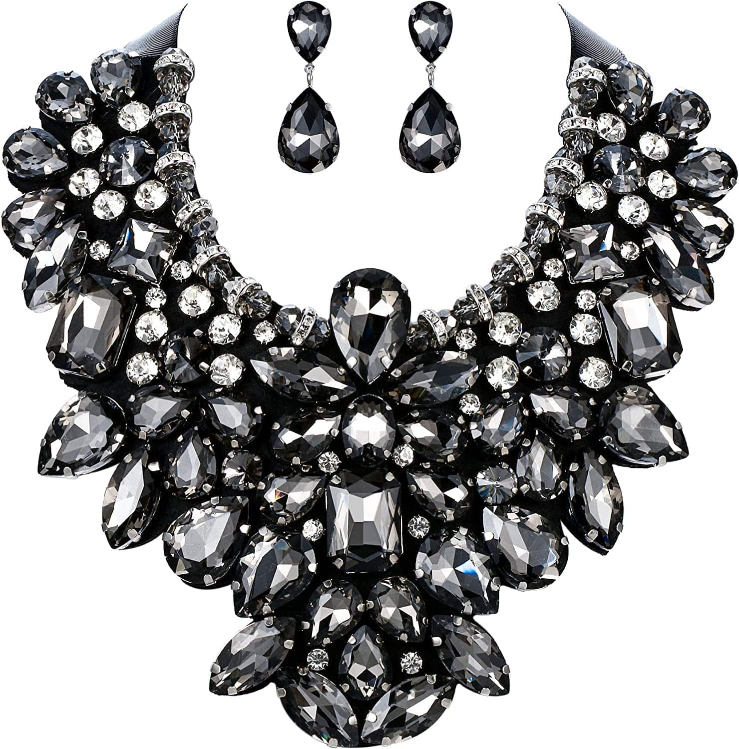 Costume Jewelry for Women, 9 Colors Rhinestone Crystal Statement Necklace Earrings Set Dark Black