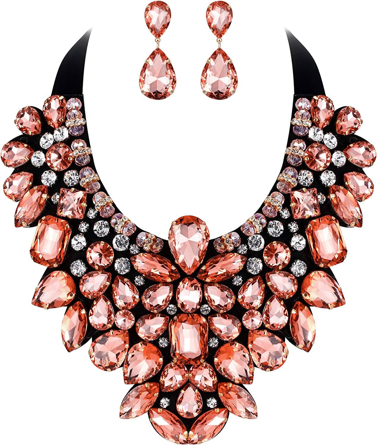 Costume Jewelry for Women, 9 Colors Rhinestone Crystal Statement Necklace Earrings Set Champagne Color