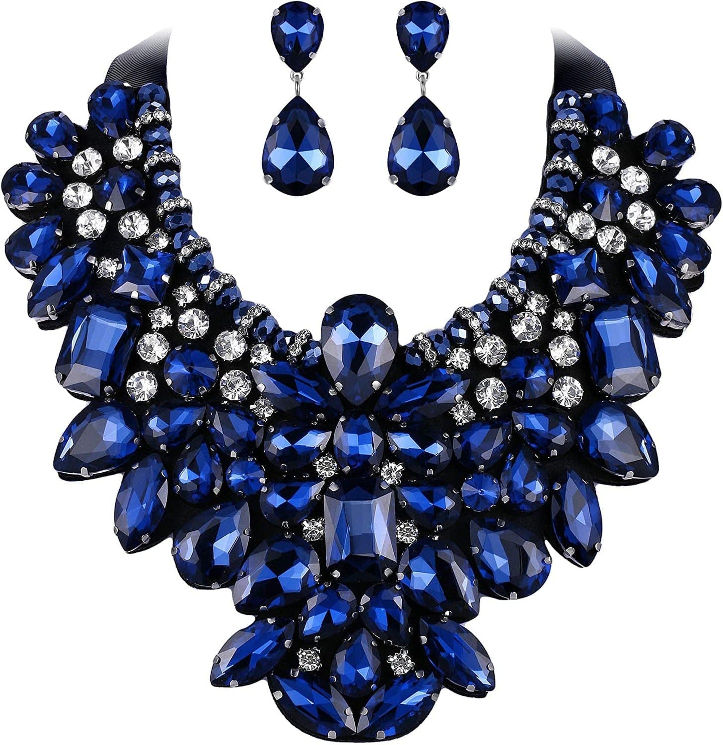 Costume Jewelry for Women, 9 Colors Rhinestone Crystal Statement Necklace Earrings Set Dark Blue
