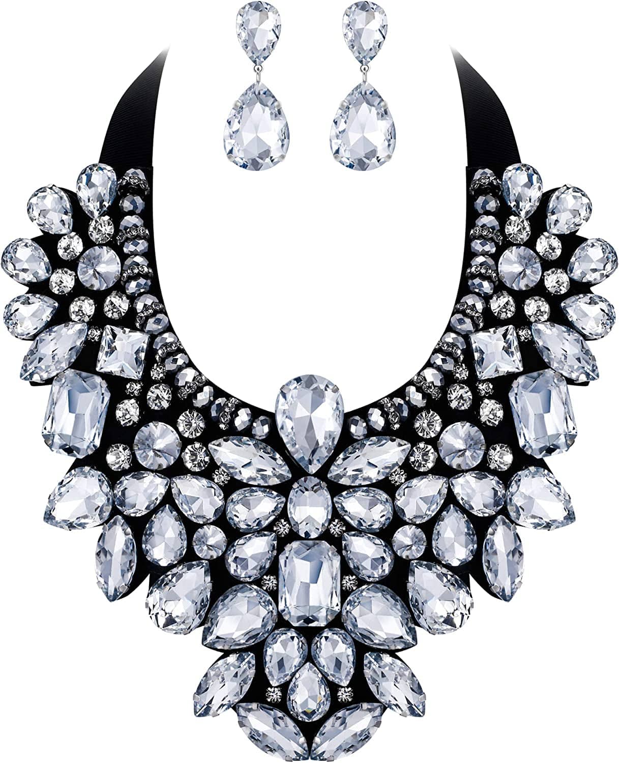 Costume Jewelry for Women, 9 Colors Rhinestone Crystal Statement Necklace Earrings Set Clear
