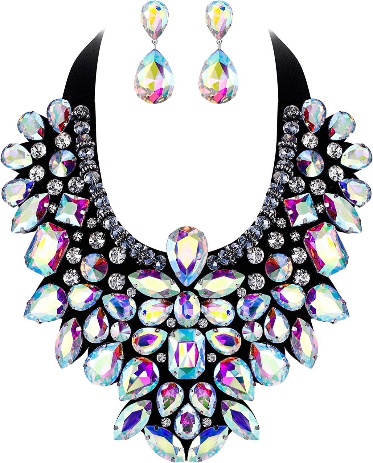 Costume Jewelry for Women, 9 Colors Rhinestone Crystal Statement Necklace Earrings Set Iridescent Clear AB Silver-Tone