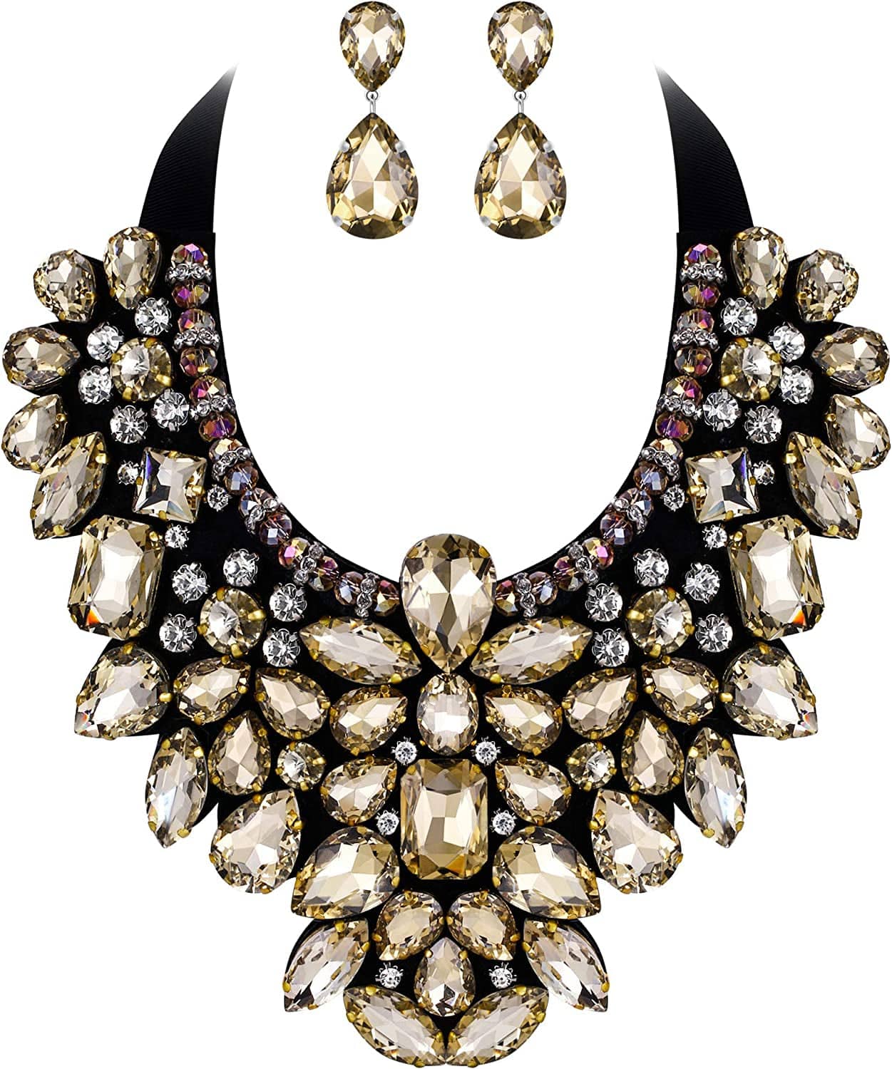 Costume Jewelry for Women, 9 Colors Rhinestone Crystal Statement Necklace Earrings Set Brown