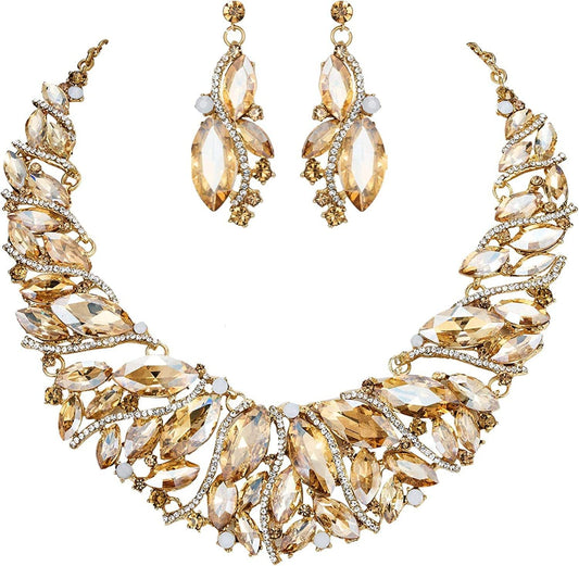 Costume Jewelry for Women, Wedding Jewelry for Bride, Bridal Necklace and Teardrop Earring Jewelry Set, Crystal Statement Necklace, Vintage Rhinestone Prom Jewelry Champagne