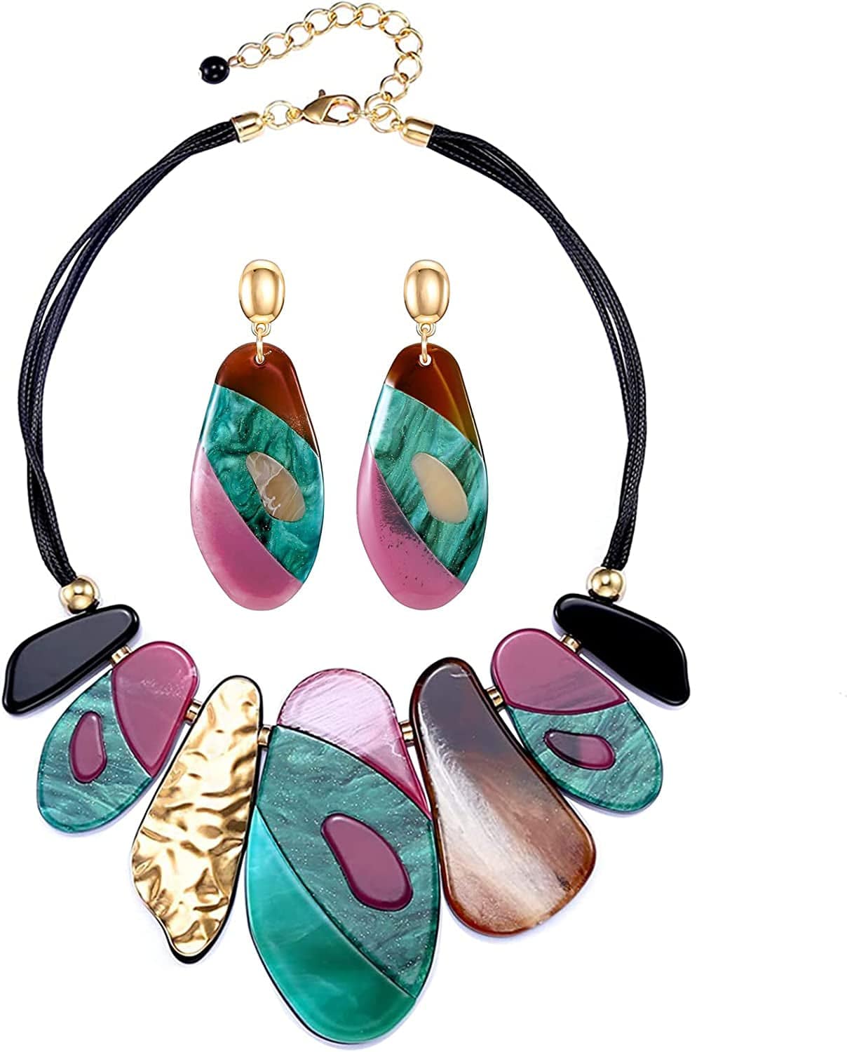 Costume Statement Bib Collar Necklace and Earring Jewelry Set, Big Multicolor Acrylic Vintage Chunky Necklaces Earrings Resin Summer Boho Jewelry Sets for Women