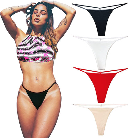 Cotton G String Thongs for Women T Back Gstring Underwear Seamless Panties Tangas Sexy 4 Pack Set B/R/W/N / Medium