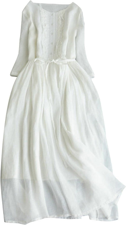 Cotton Linen Dress for Women Vintage Frill Trim Button down Long Sleeve Casual Midi Dresses Fall Loose Flowy Sundress White / Large
