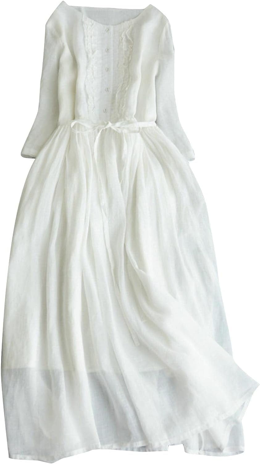 Cotton Linen Dress for Women Vintage Frill Trim Button down Long Sleeve Casual Midi Dresses Fall Loose Flowy Sundress White / Xx-Large