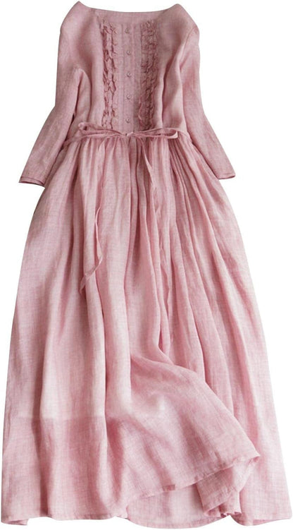 Cotton Linen Dress for Women Vintage Frill Trim Button down Long Sleeve Casual Midi Dresses Fall Loose Flowy Sundress Red / Large