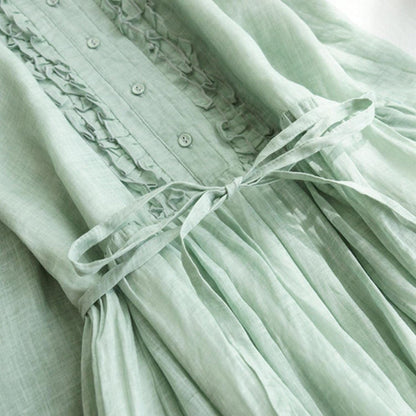 Cotton Linen Dress for Women Vintage Frill Trim Button down Long Sleeve Casual Midi Dresses Fall Loose Flowy Sundress