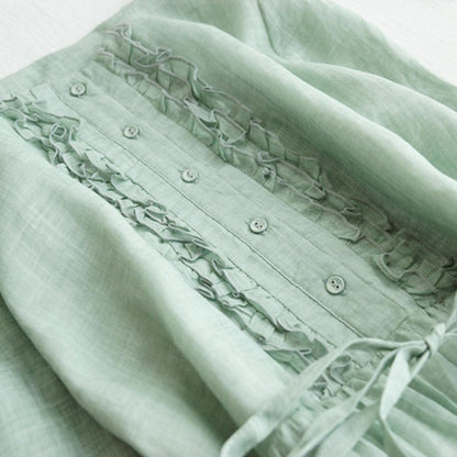 Cotton Linen Dress for Women Vintage Frill Trim Button down Long Sleeve Casual Midi Dresses Fall Loose Flowy Sundress
