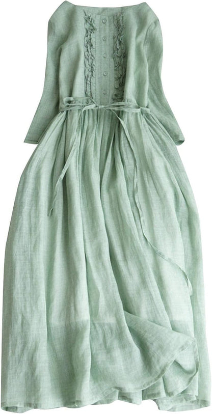 Cotton Linen Dress for Women Vintage Frill Trim Button down Long Sleeve Casual Midi Dresses Fall Loose Flowy Sundress