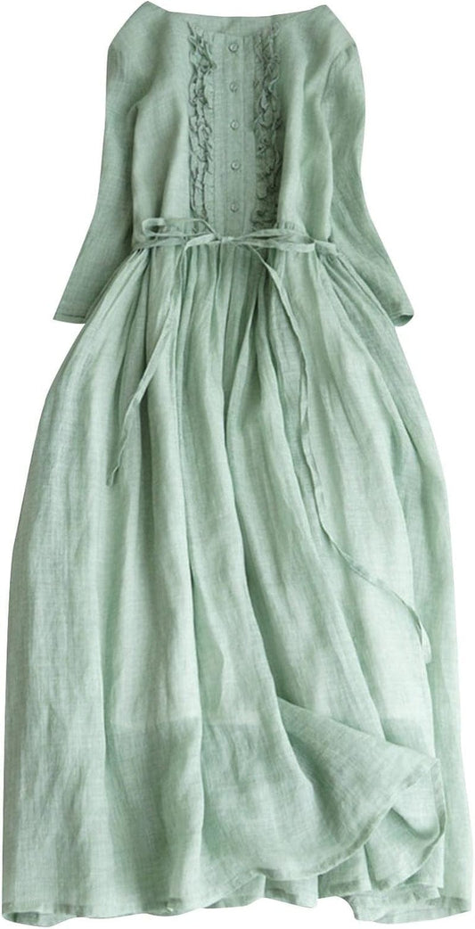 Cotton Linen Dress for Women Vintage Frill Trim Button down Long Sleeve Casual Midi Dresses Fall Loose Flowy Sundress